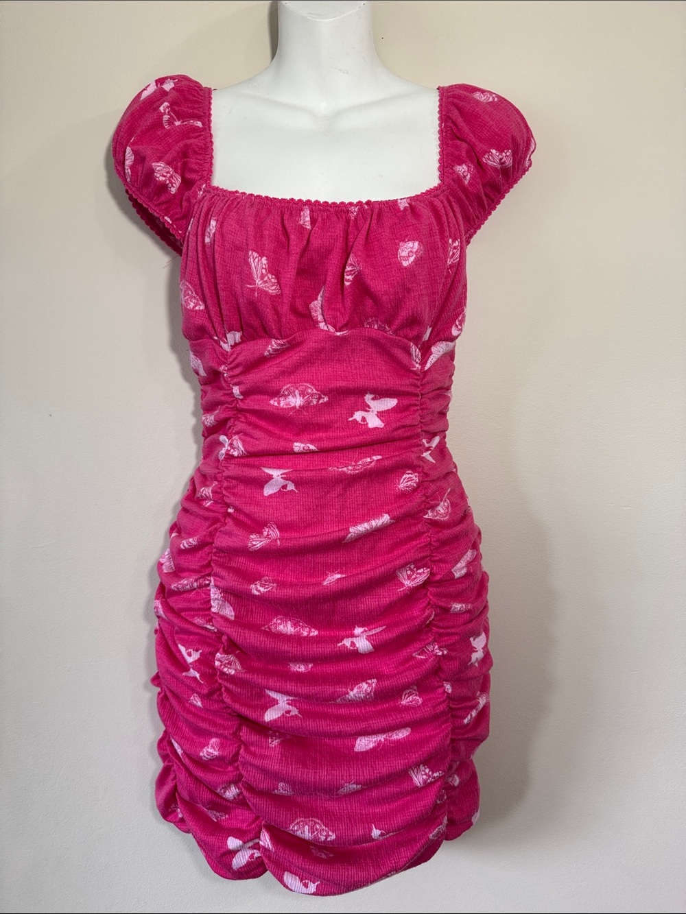 Urban Outfitters Hot Pink Ruched Puff-Sleeve Mini Dress